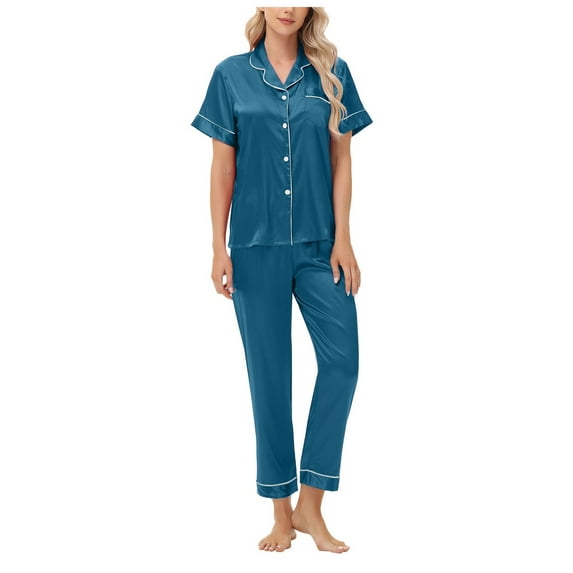 felwors Womens Pajamas Sets Comfy Cool Feeling Cotton Pajama Set Casual Soft Sleepwear Nightwear Loungewear Blue, L