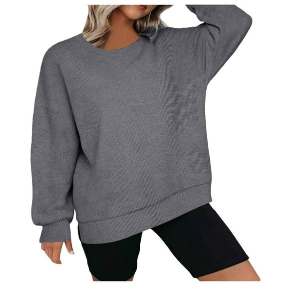 felwors Womens Plus Size Sweatshirts Crewneck Waffle Knit Long Sleeve Side Slit Casual Pullover Sweatshirt Tops Grey, S