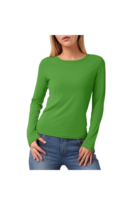Womens Ribbed Long Sleeve Crewneck Casual Slim Basic Shirts Fitted Knit Tops Green, L