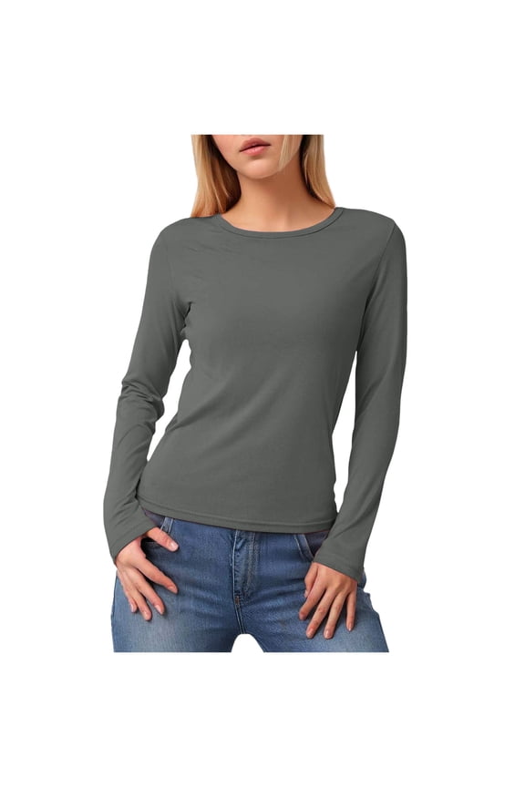 Womens Ribbed Long Sleeve Crewneck Casual Slim Basic Shirts Fitted Knit Tops Grey, S
