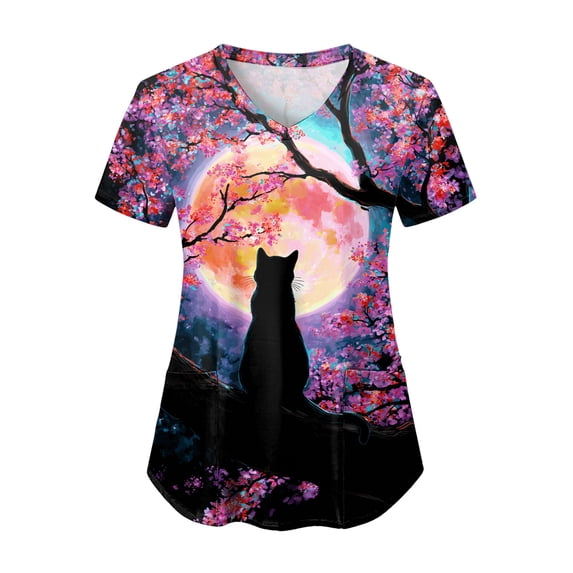 felwors Womens Scrub Tops Comfy Short Sleeve V-Neck Nurses Uniforms Fashion Vintage Cats Print Working Medical Scrub Shirts (Pink, XL)
