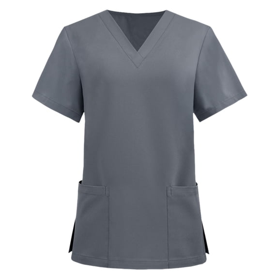 felwors Womens Scrub Tops Summer Casual Solid Color Short Sleeve V Neck Nurse Uniform Work Blouse Loose Workout Pullover Shirt (Grey, L)