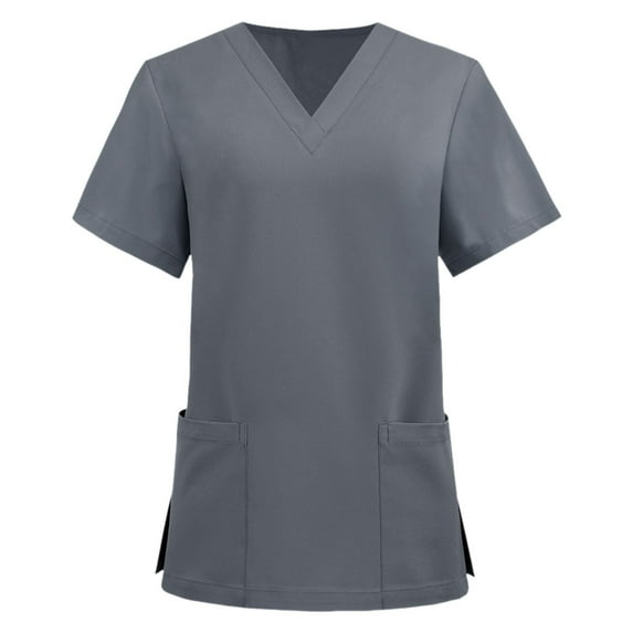 felwors Womens Scrub Tops Summer Casual Solid Color Short Sleeve V Neck Nurse Uniform Work Blouse Loose Workout Pullover Shirt (Grey, XXL)