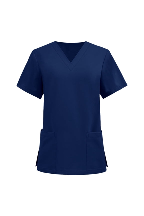 Womens Scrub Tops Summer Casual Solid Color Short Sleeve V Neck Nurse Uniform Work Blouse Loose Workout Pullover Shirt (Navy, M)