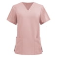 thumbnail image 1 of felwors Womens Scrub Tops Summer Casual Solid Color Short Sleeve V Neck Nurse Uniform Work Blouse Loose Workout Pullover Shirt (Pink, M), 1 of 6