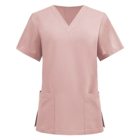 felwors Womens Scrub Tops Summer Casual Solid Color Short Sleeve V Neck Nurse Uniform Work Blouse Loose Workout Pullover Shirt (Pink, M)