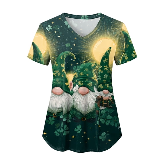 felwors Womens Scrubs Plus Size St Patricks Day Shirts Shamrock Printed V Neck Short Sleeve Nursing Tops Pocket Nurse Uniform (Dark Green, XXXL)
