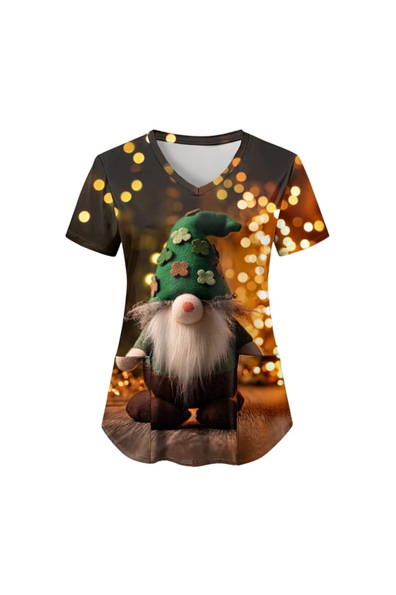 Womens Scrubs Plus Size St Patricks Day Shirts Shamrock Printed V Neck Short Sleeve Nursing Tops Pocket Nurse Uniform (Gold, XXL)