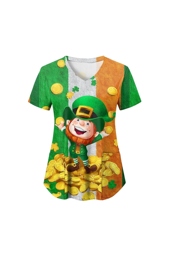 Womens Scrubs Plus Size St Patricks Day Shirts Shamrock Printed V Neck Short Sleeve Nursing Tops Pocket Nurse Uniform (Orange, L)