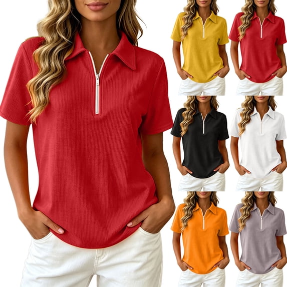 felwors Womens Short Sleeve Shirts V Neck Quarter Zip Top Casual Summer Polo Tee (Grey, S)