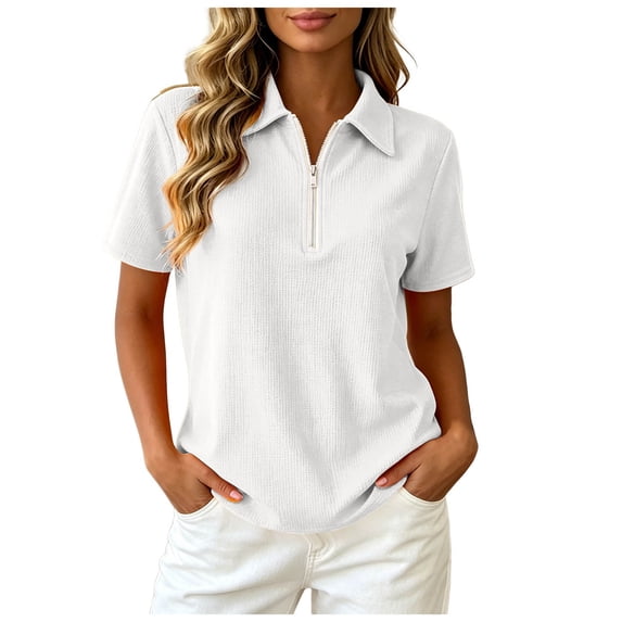 felwors Womens Short Sleeve Shirts V Neck Quarter Zip Top Casual Summer Polo Tee (White, L)