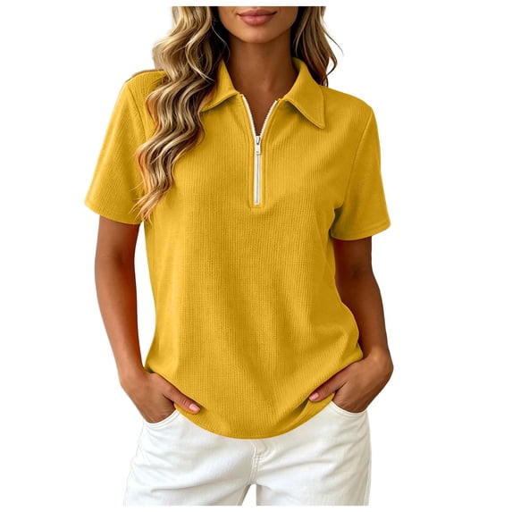felwors Womens Short Sleeve Shirts V Neck Quarter Zip Top Casual Summer Polo Tee (Yellow, XXXXL)