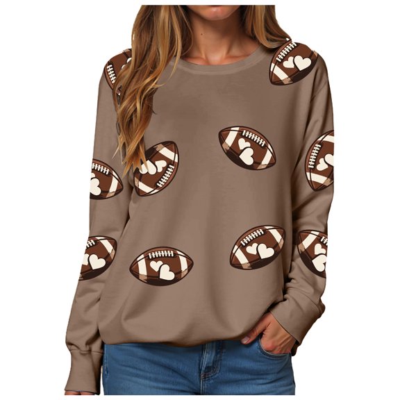 felwors Womens Sparkle Football Sequin Rugby Sweatshirt Game Day Y2K Crewneck Oversized Shirt Long Sleeve Fleece Pullover Brown, S