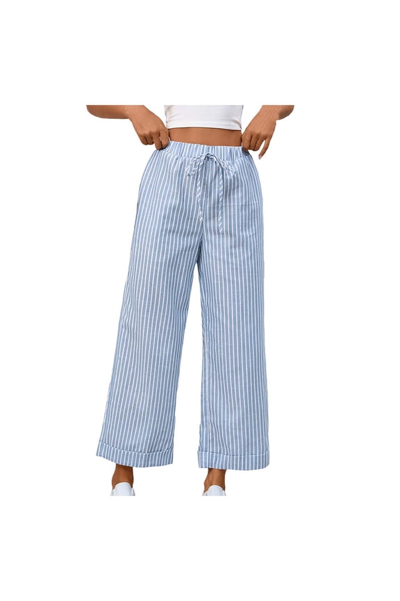 Womens Striped Gingham Palazzo Capri Pants Pajama Wide Leg Lounge Trousers Plaid Cute Crop PJ Bottoms with Pockets (Light Blue, XL)
