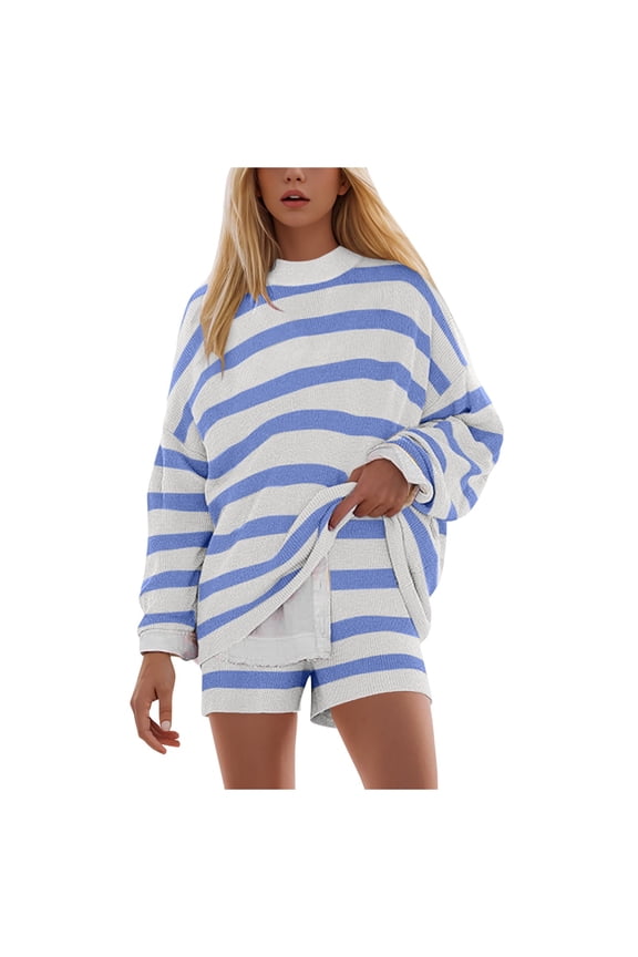 Womens Striped Sweater Set Oversized Lounge Sets Matching Pajamas Long Sleeve Sweater Top and Shorts Blue, S