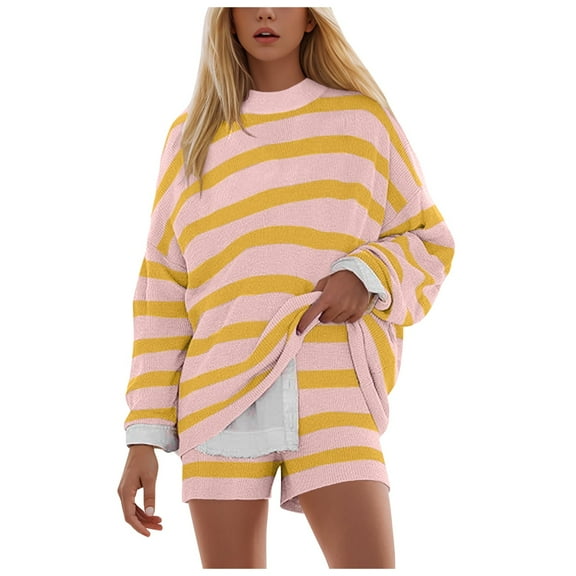 felwors Womens Striped Sweater Set Oversized Lounge Sets Matching Pajamas Long Sleeve Sweater Top and Shorts Orange, M