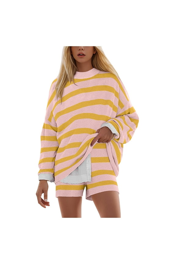 Womens Striped Sweater Set Oversized Lounge Sets Matching Pajamas Long Sleeve Sweater Top and Shorts Orange, S
