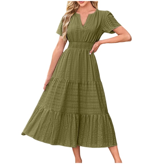 felwors Womens Summer 2025 Casual Midi Maxi Dresses Lightweight Short Sleeve V Neck Elastic Waist Boho Beach Dress Pockets AG, XXL