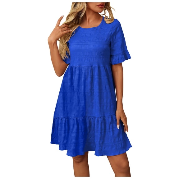 felwors Womens Summer Dress Ruffle Sleeve Smocked Crew Neck Midi Dresses Casual Flowy Tiered Swing Boho Beach Sundress Blue, L