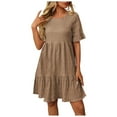 thumbnail image 1 of felwors Womens Summer Dress Ruffle Sleeve Smocked Crew Neck Midi Dresses Casual Flowy Tiered Swing Boho Beach Sundress Khaki, XL, 1 of 9