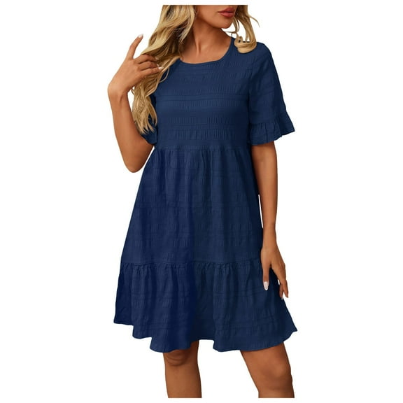 felwors Womens Summer Dress Ruffle Sleeve Smocked Crew Neck Midi Dresses Casual Flowy Tiered Swing Boho Beach Sundress Navy, L