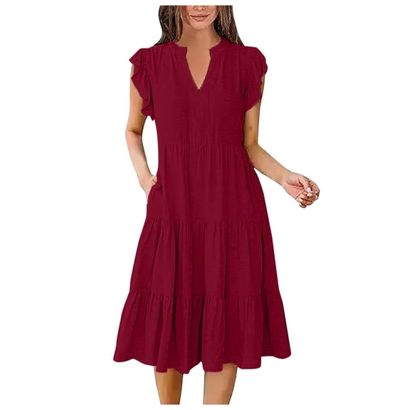 felwors Womens Summer Dress Ruffle Sleeve V Neck Midi Dresses Fashion Casual Fit Flowy Tiered Boho Beach Vacation Sundress Wine, L