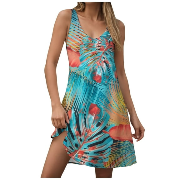felwors Womens Summer Dresses 2025 V Neck Sleeveless Sundresses with Pockets Beach Vacation Clothes Floral/Plain Blue, XXXL