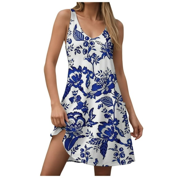 felwors Womens Summer Dresses 2025 V Neck Sleeveless Sundresses with Pockets Beach Vacation Clothes Floral/Plain Dark Blue, XXXL