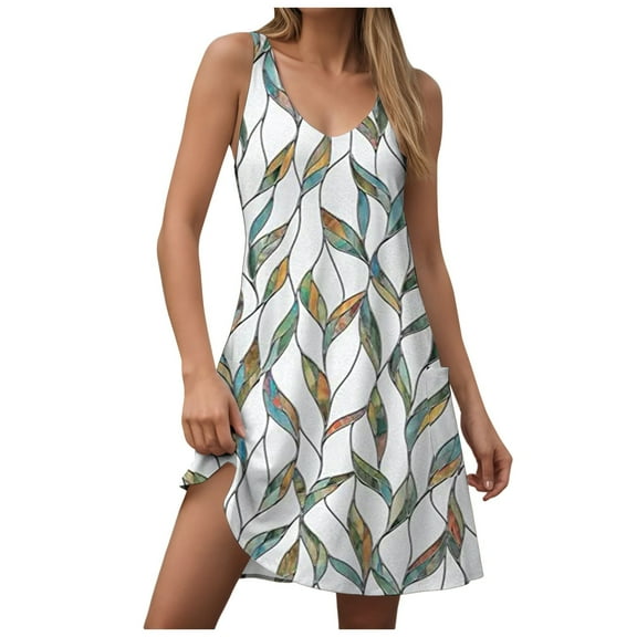 felwors Womens Summer Dresses 2025 V Neck Sleeveless Sundresses with Pockets Beach Vacation Clothes Floral/Plain Light Green, XXXL