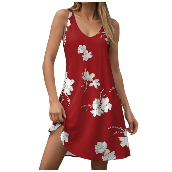 felwors Womens Summer Dresses 2025 V Neck Sleeveless Sundresses with Pockets Beach Vacation Clothes Floral/Plain Red, XXL