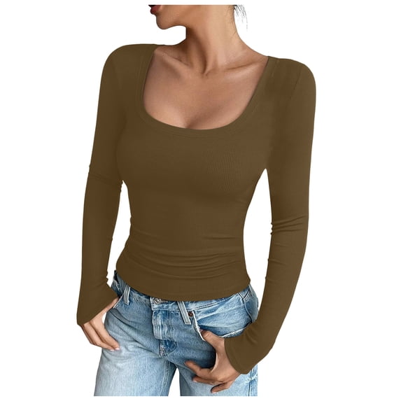 felwors Womens Summer Short Sleeve Tops Square Neck Ribbed Slim Fitted Shirts Casual Tee Tshirt Coffee, XL