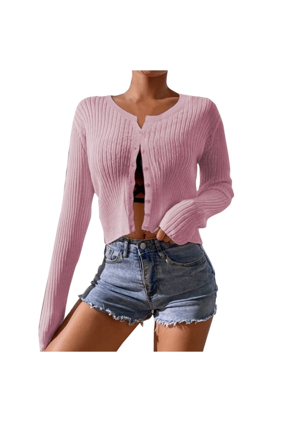 Womens Sweater Oversized Ribbed Knit Chunky Open Front Lightweight Crew Neck Sweaters Coat with Pockets Loose Solid Cardigan Pink, L
