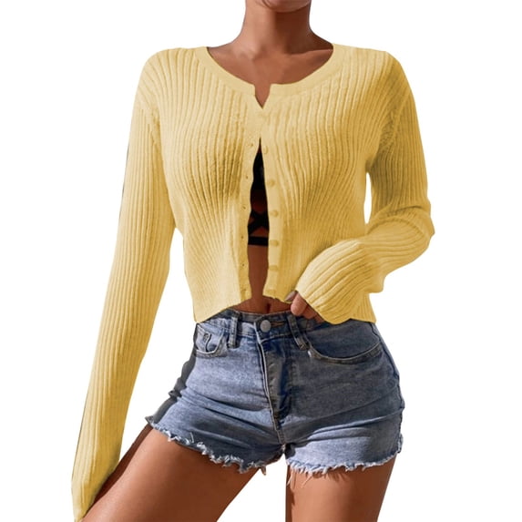 felwors Womens Sweater Oversized Ribbed Knit Chunky Open Front Lightweight Crew Neck Sweaters Coat with Pockets Loose Solid Cardigan Yellow, M