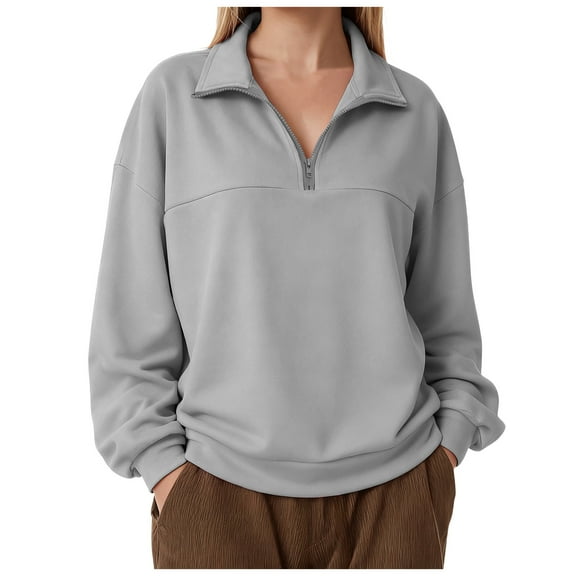 felwors Womens Sweatshirts Half Zip Cropped Pullover Fleece Quarter Zipper Hoodies 2025 Fall Fashion Outfits Clothes Grey, L