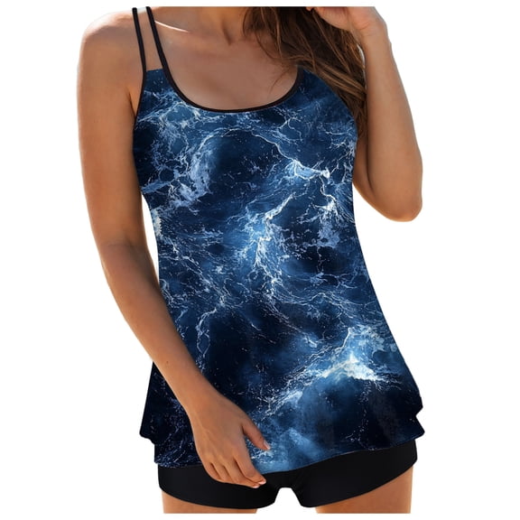 felwors Womens Tankini Swimsuits Tummy Control Flowy Swimwear Two Piece Bathing Suits Swim Tank Top with Boyshorts(Navy, XXXL)