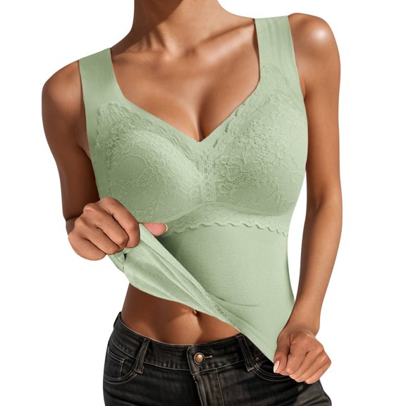 felwors Womens Thermal Tank Tops with Built in Bra Fleece Wirefree Padded Cami Underwear Soft Camisoles Base Layer Top Vest Green, XL
