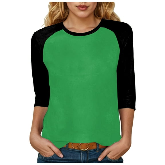 felwors Womens Tops 3/4 Sleeve Shirts Round Neck Loose Casual Tshirts Color Block Summer Tees (Green, XL)