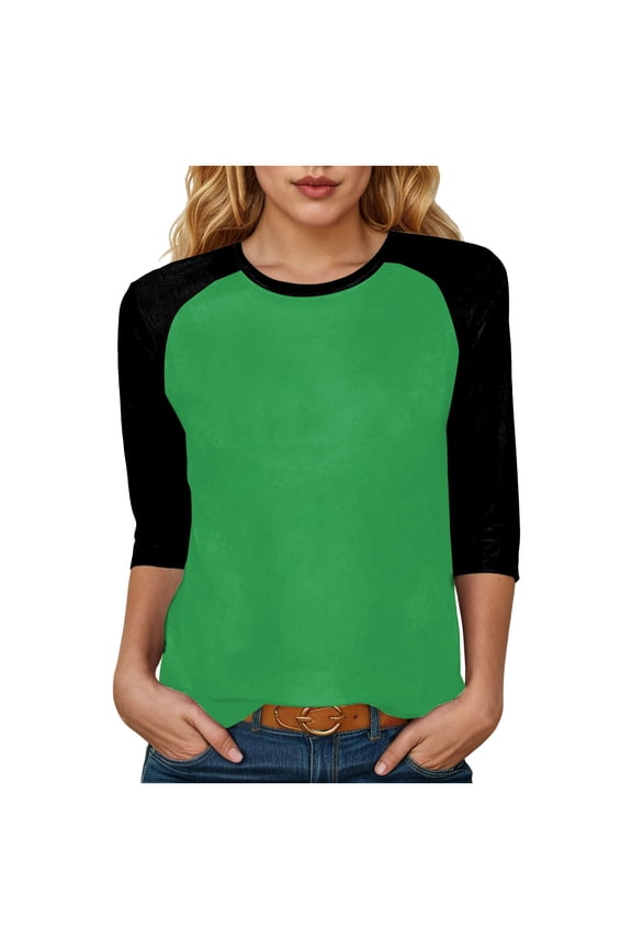Womens Tops 3/4 Sleeve Shirts Round Neck Loose Casual Tshirts Color Block Summer Tees (Green, XL)