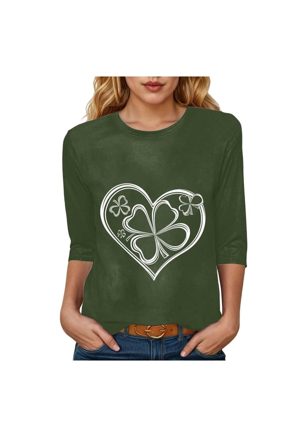 Womens Tops 3/4 Sleeve T Shirts Plus Size Crewneck Flowers Graphic Basic Tees for Women Fall Fashion Clothes 2025 (Army Green, XXL)