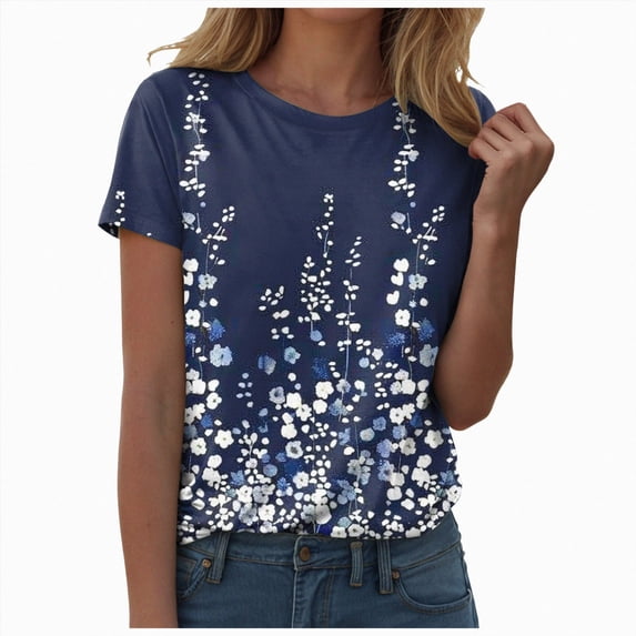 felwors Womens Tops Short Sleeve Cute Summer Blouses Crew Neck Dressy Casual T Shirts Work Clothes S-2XL Dark Blue for Size S
