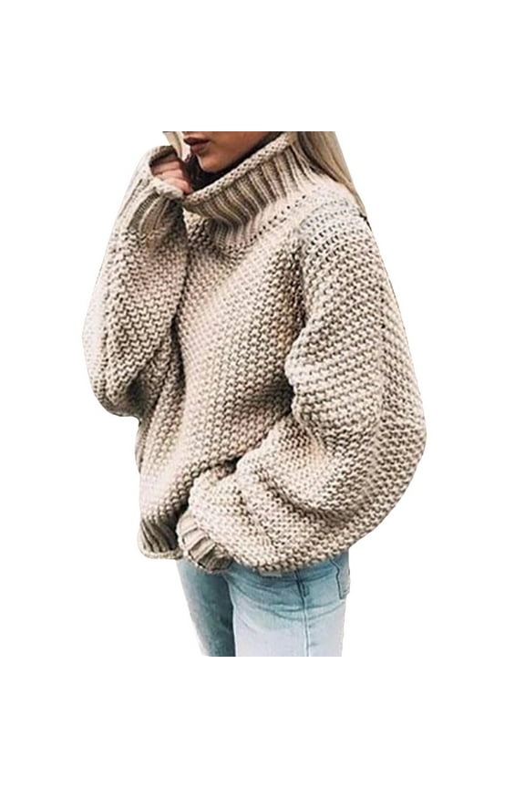 Womens Turtleneck Oversized Sweaters Batwing Long Sleeve Pullover Loose Knit Jumper Beige, L