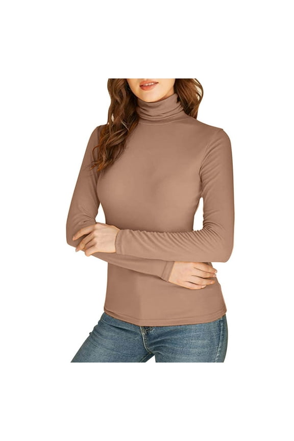 Womens Turtleneck Shirts Long Sleeve Slim Fitted Casual Basic Lightweight Undershirt Tops (Khaki, M)