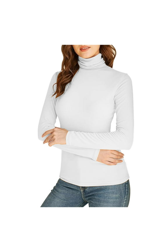 Womens Turtleneck Shirts Long Sleeve Slim Fitted Casual Basic Lightweight Undershirt Tops (White, XXL)
