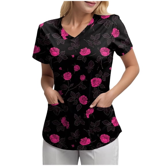 felwors Womens V Neck Printed Scrub Tops Plus Size Medical Nursing Tops Scrubs with Pocket (Black, XXXL)