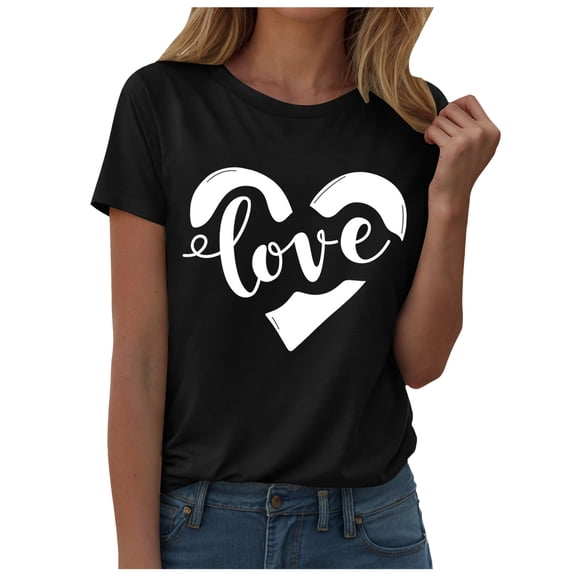 felwors Womens Valentines Tshirt Cute Love Heart Graphic Tee Crew Neck Causal Short Sleeves Tops(Black, XXXL)