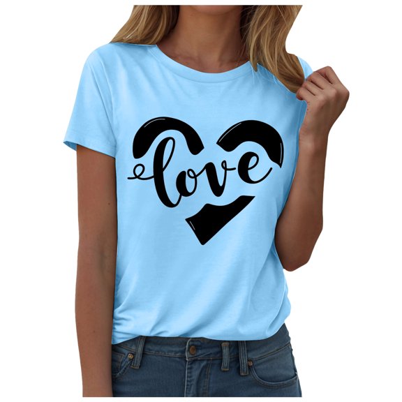 felwors Womens Valentines Tshirt Cute Love Heart Graphic Tee Crew Neck Causal Short Sleeves Tops(Blue, XXL)