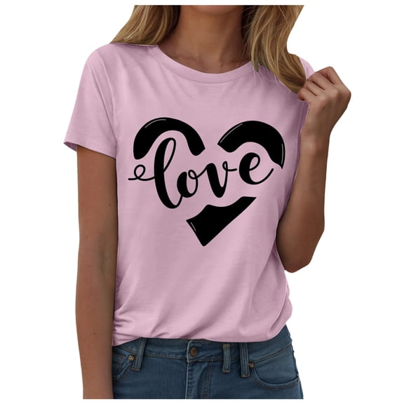 felwors Womens Valentines Tshirt Cute Love Heart Graphic Tee Crew Neck Causal Short Sleeves Tops(Pink, S)