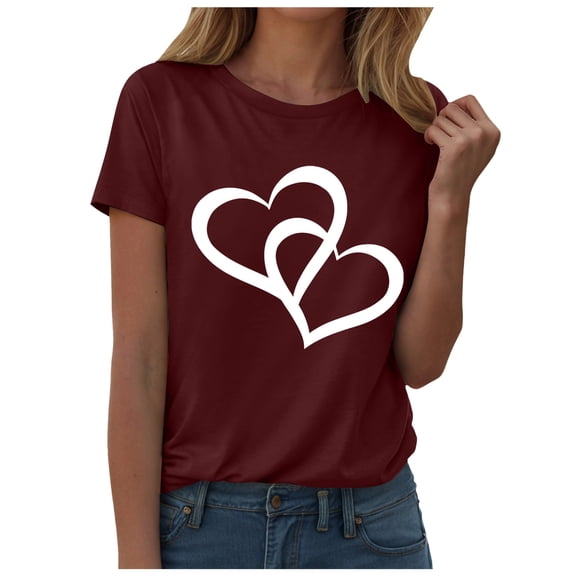 felwors Womens Valentines Tshirt Cute Love Heart Graphic Tee Crew Neck Causal Short Sleeves Tops(Wine, XL)