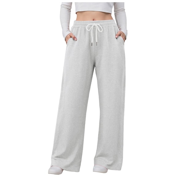 felwors Womens Wide Leg Pants Elastic Waist Trousers Casual Palazzo Pants with Pockets Light Gray, L