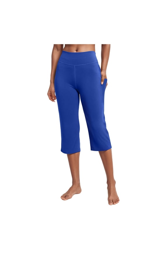 Womens Yoga Capri Pants High Waist Capri Leggings with Pockets Wide Leg Crop Exercise Workout Summer Pants Blue, L